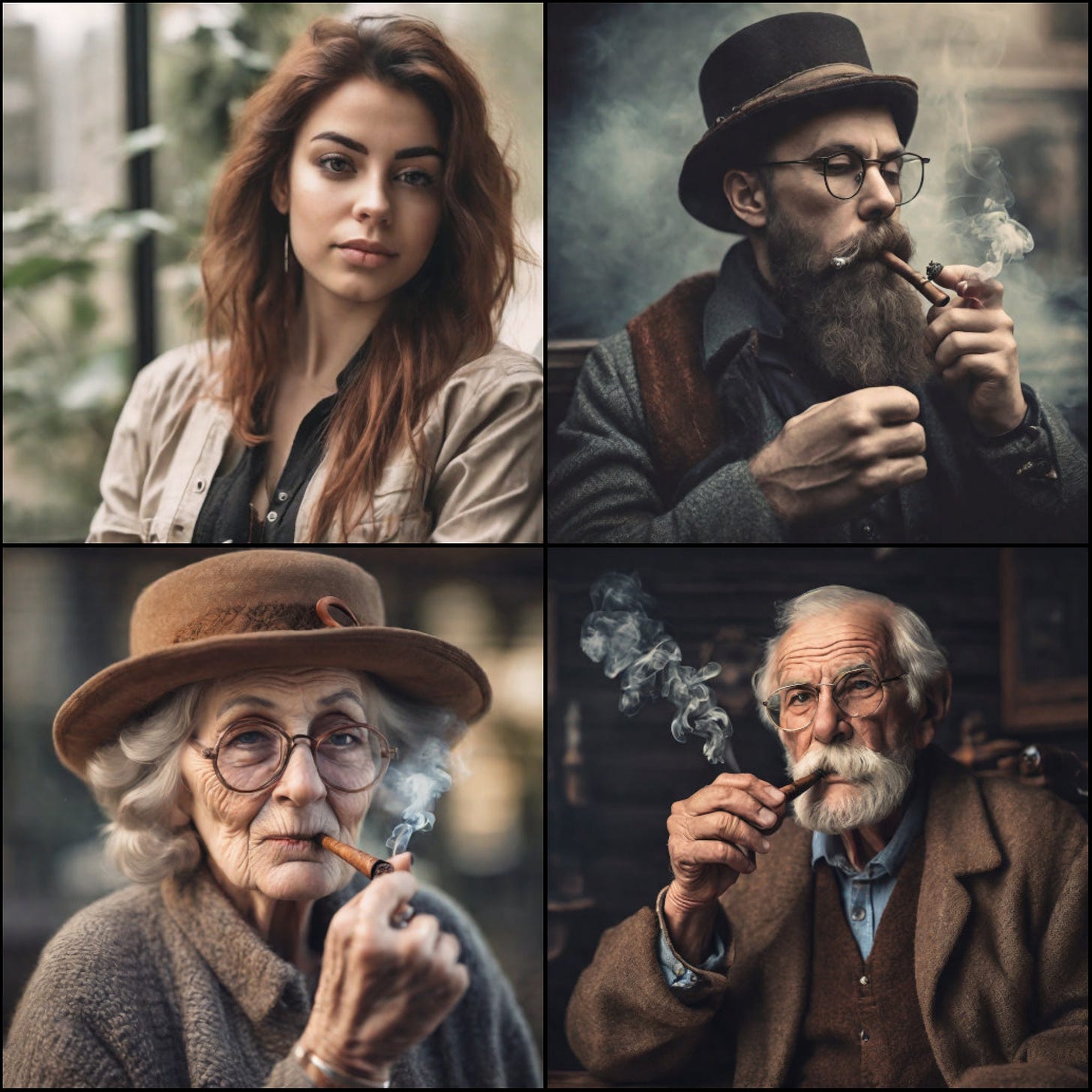(1) A young and apparently contemporary woman, in casual dress and a casual pose; (2)a young bearded man, in glasses and a rustic hat and vest, smoking what looks like a cheroot; (3) a white-haired, eyeglassed, bearded gentleman in a tweed jacket, smoking what might or might not be a pipe; and (4) an elderly, wise-looking woman in glasses and comfortable brown hat and clothing, also smoking something alleged -- unconvincingly -- to be a pipe.