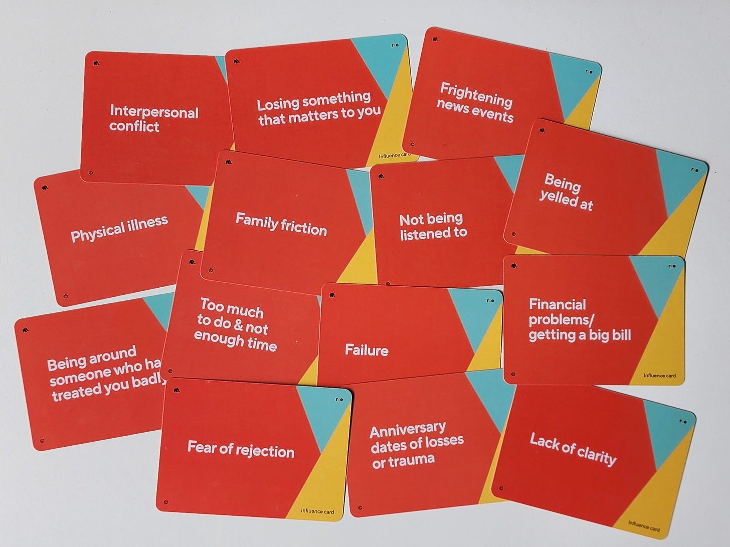 14 cards with orange backgrounds and white writing, depict a range of things which influence our wellbeing and can trigger stress responses, such as: interpersonal conflict, physical illness, fear of rejection and so on. 14 cards with orange backgrounds and white writing, depict a range of things which influence our wellbeing and can trigger stress responses, such as: interpersonal conflict, physical illness, fear of rejection and so on.