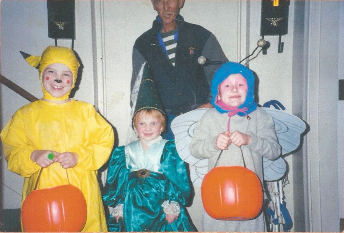 Ethan (dressed as Butterfree), his siblings, and their dad, about to go trick or treating, Halloween 1999