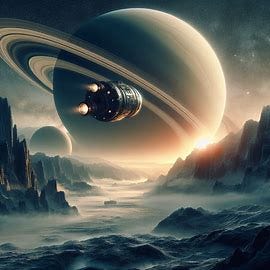 Spaceship Flying over One of Saturn’s Moons