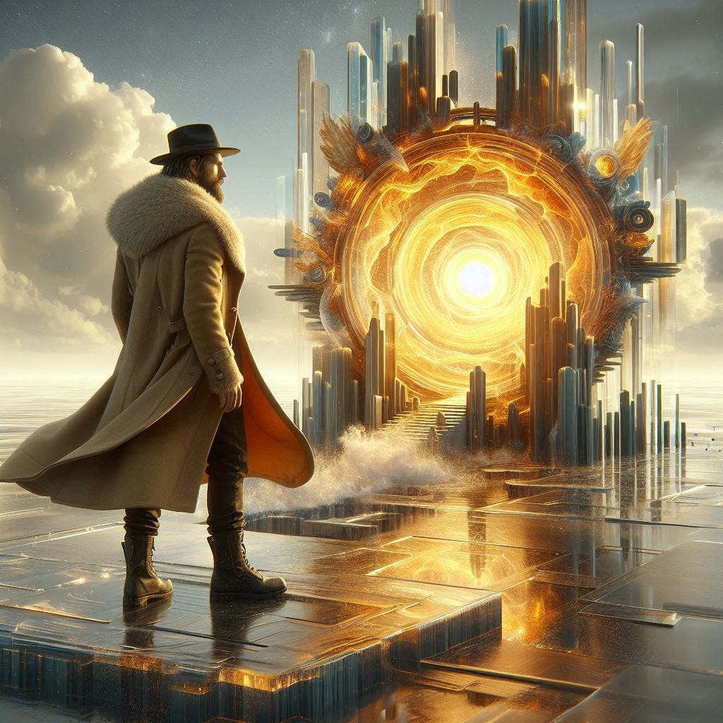 resin solar flares inside glass structure; tiltshift /Broken into fragments/ pieces/ 3d angled glass embedded /beautiful, heroic, strong handsom man/ velvet blonde, cream, ivory long coat/ black leather boots. water in resin/ ; he is at Monks mound at Cahokia / amber cream,tsunami full of fire/ reverberating waves. black hole in floor/ water in resin verdigris/ In the style of Michael Parkes. black etching/ black linework/ daytime sky/fluffy clouds 