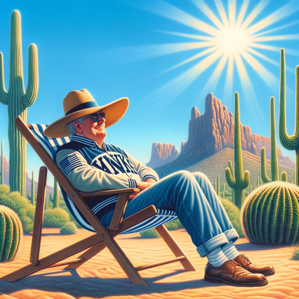 A whimsical depiction of a Connecticut Yankee enjoying the warm Arizona sun. The scene features a person dressed in traditional New England attire, including a classic hat and light jacket, comfortably lounging in a deck chair. They are surrounded by a desert landscape with iconic Saguaro cacti and rugged mountains in the background. The sky is a bright, clear blue, highlighting the contrast between the lush greenery of Connecticut and the arid beauty of Arizona. The Yankee's relaxed posture and content expression convey a sense of leisure and enjoyment in the sunny, serene environment.