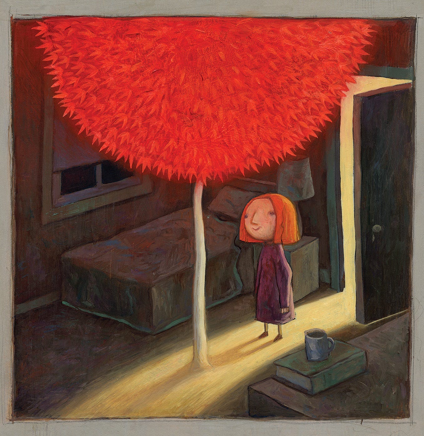 The girl is back in her room, smiling at the discovery of the vivid red tree and bathing in its warm glow.