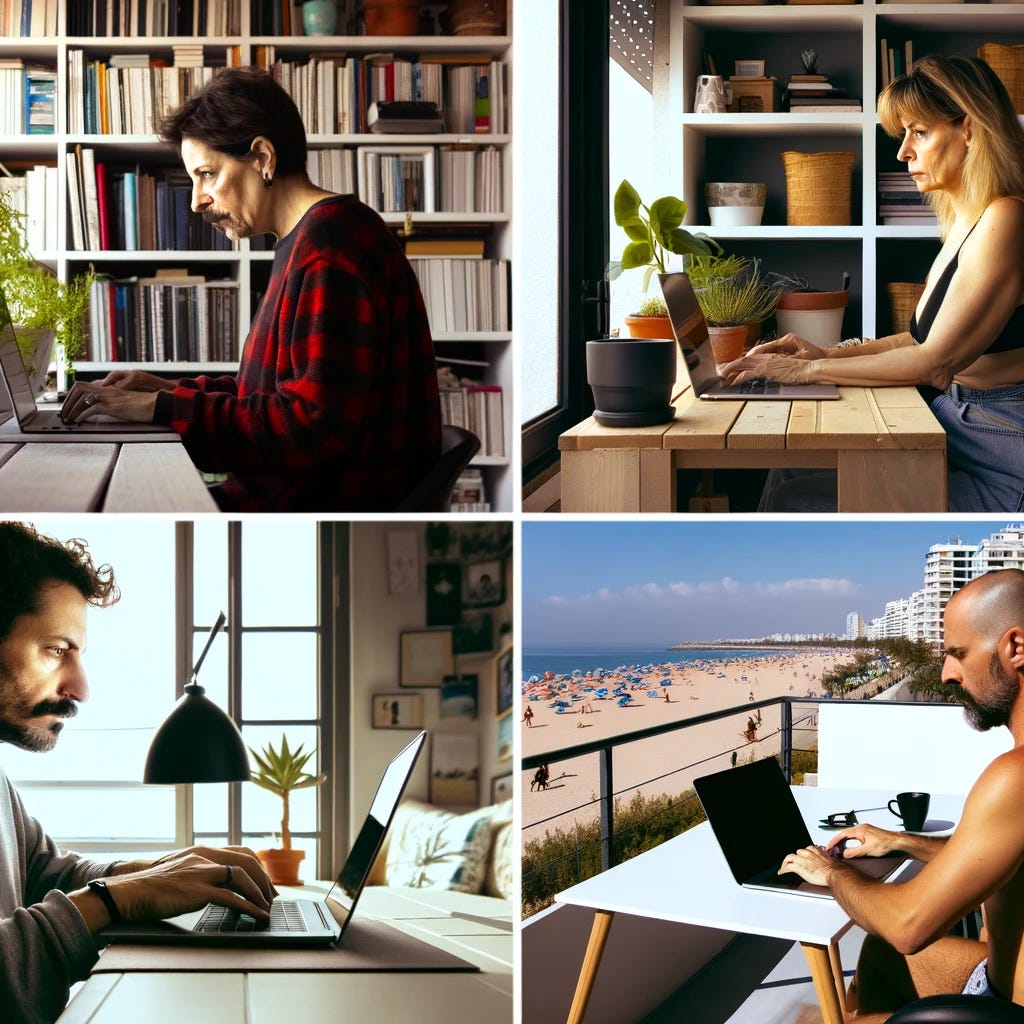 A photograph capturing four individuals working remotely. Each person is in a different setting: one in a cozy home office with bookshelves, another on a sunny balcony with plants, the third in a minimalist urban apartment, and the fourth at a beachside cafe. They are all deeply focused on their laptops, displaying various expressions of concentration. The image captures the diversity of remote work environments, emphasizing the comfort and personalization of each space. Taken on: digital photography, natural light, wide-angle lens.