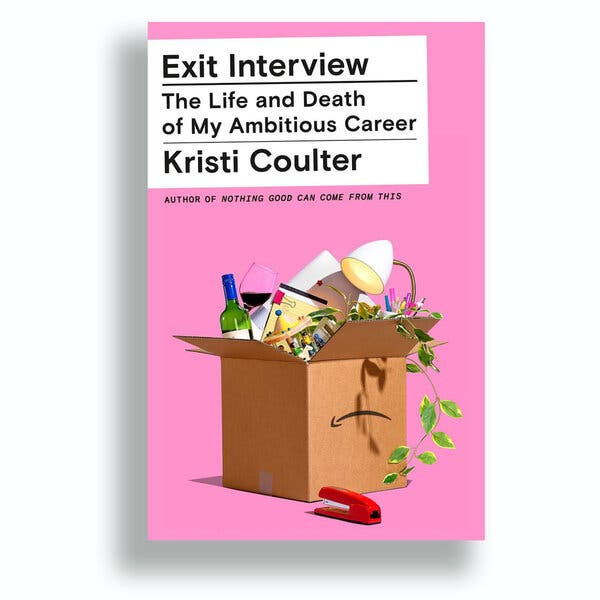 The book cover of “Exit Interview” features an open Amazon box stuffed with detritus, including a wine bottle and a half-filled wine glass, a notepad, a laptop, a desk plant and more.