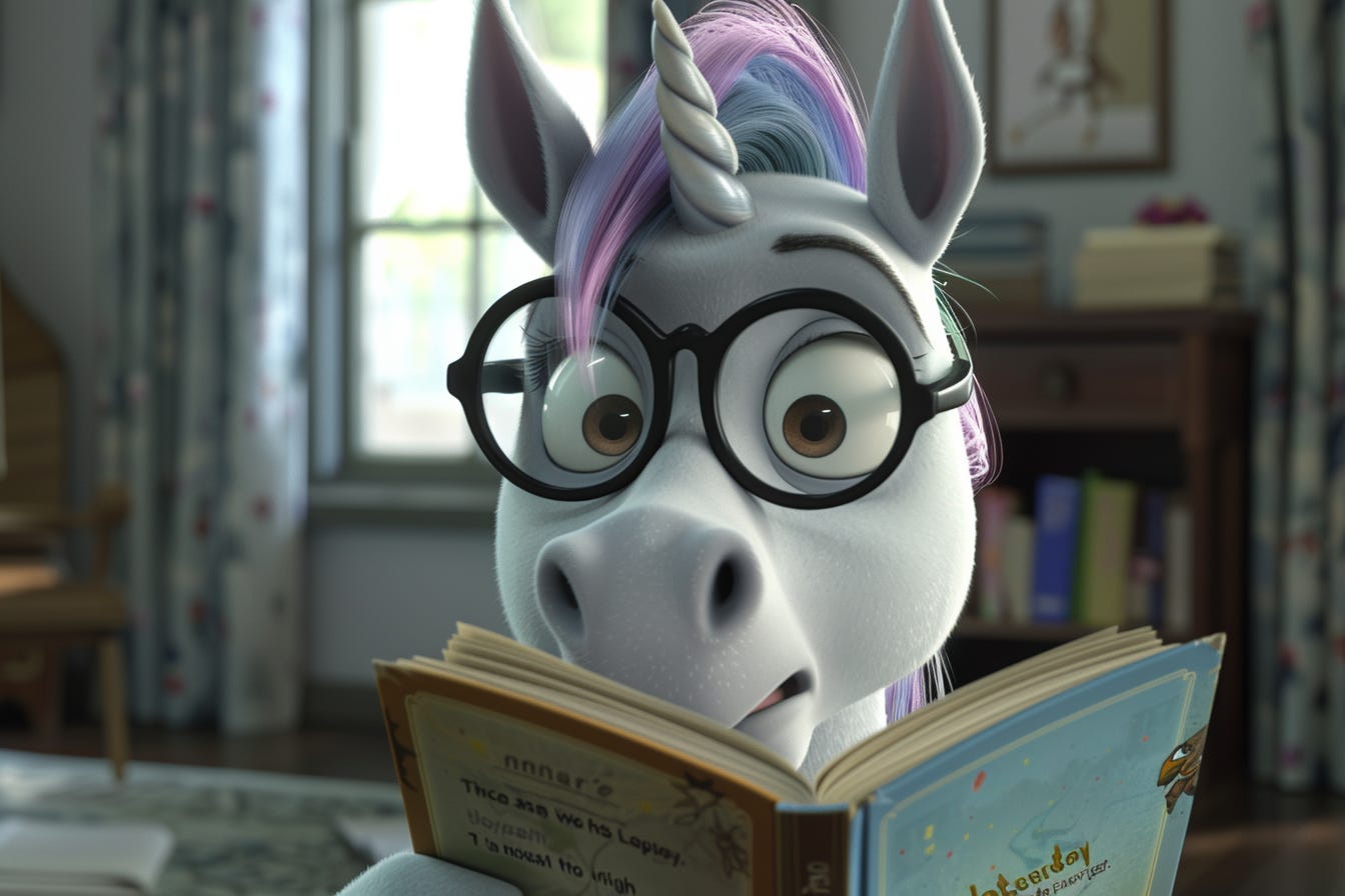 Pixar unicorn in glasses reading a book
