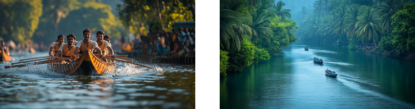 Two images of traditional boat races: the left shows a close-up of a group of rowers energetically paddling a long, narrow wooden boat, splashing water as they compete, with a crowd of spectators in the background. The right captures a serene river scene with several boats gliding along a lush, green waterway lined with dense palm trees and tropical foliage, creating a peaceful contrast to the excitement of the race.