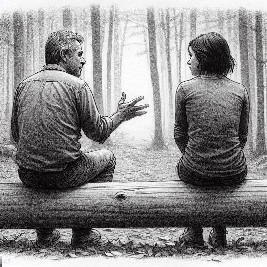 pencil sketch of a middle aged man and a young woman sitting apart on either end of a log in the woods, turned slightly towards each other. the man is gesticulating with his hands. the image is from behind the subjects. black & white.