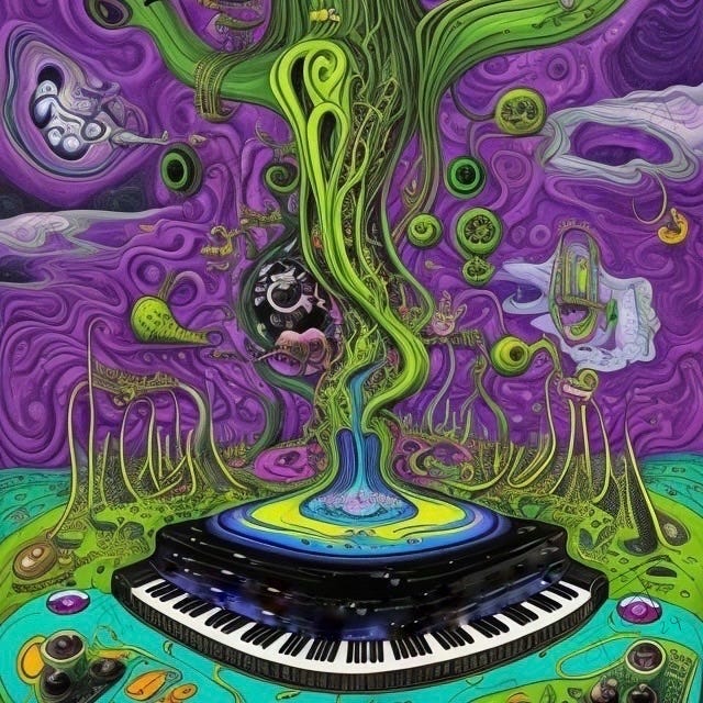 surreal green and purple music factory