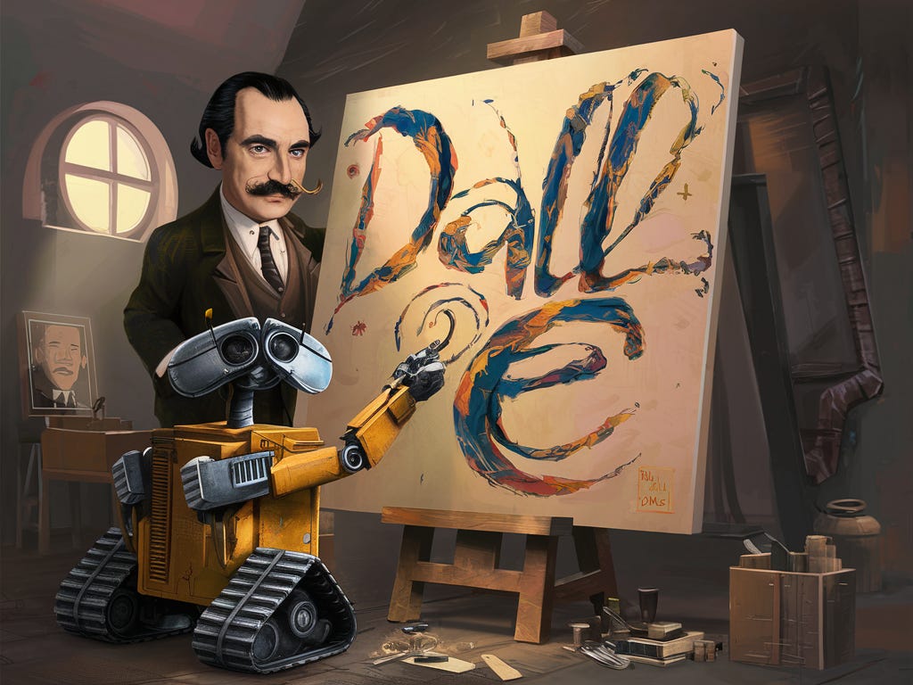 Salvador Dali watches WALL-E paint DALL-E onto a canvas. Image generated using Ideogram