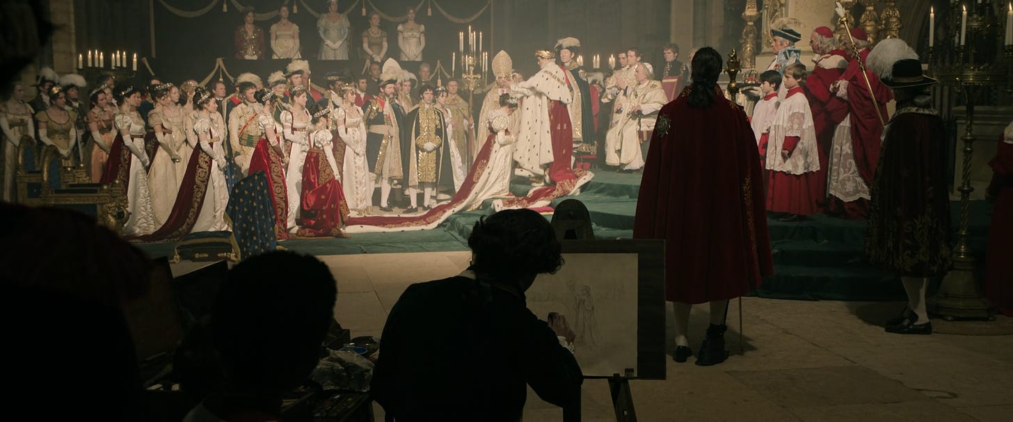 In the movie Napoleon (Joséphine kneels before Napoléon during his coronation at Notre Dame)