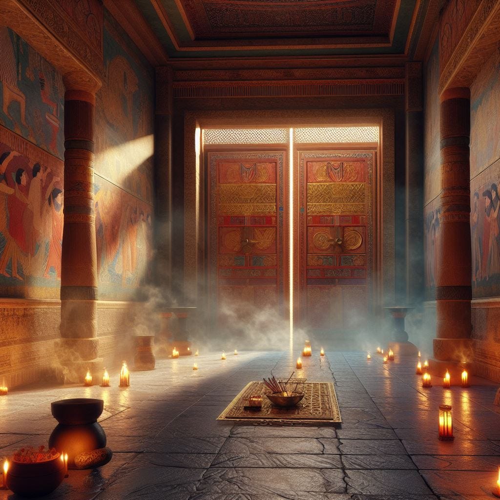 Realistic depiction of ancient Sumerian temple interior, 2330 BC. Cedarwood doors with gold inlays, cool alabaster floors, burning incense, distant chants, flickering oil lamps, vibrant frescoes.