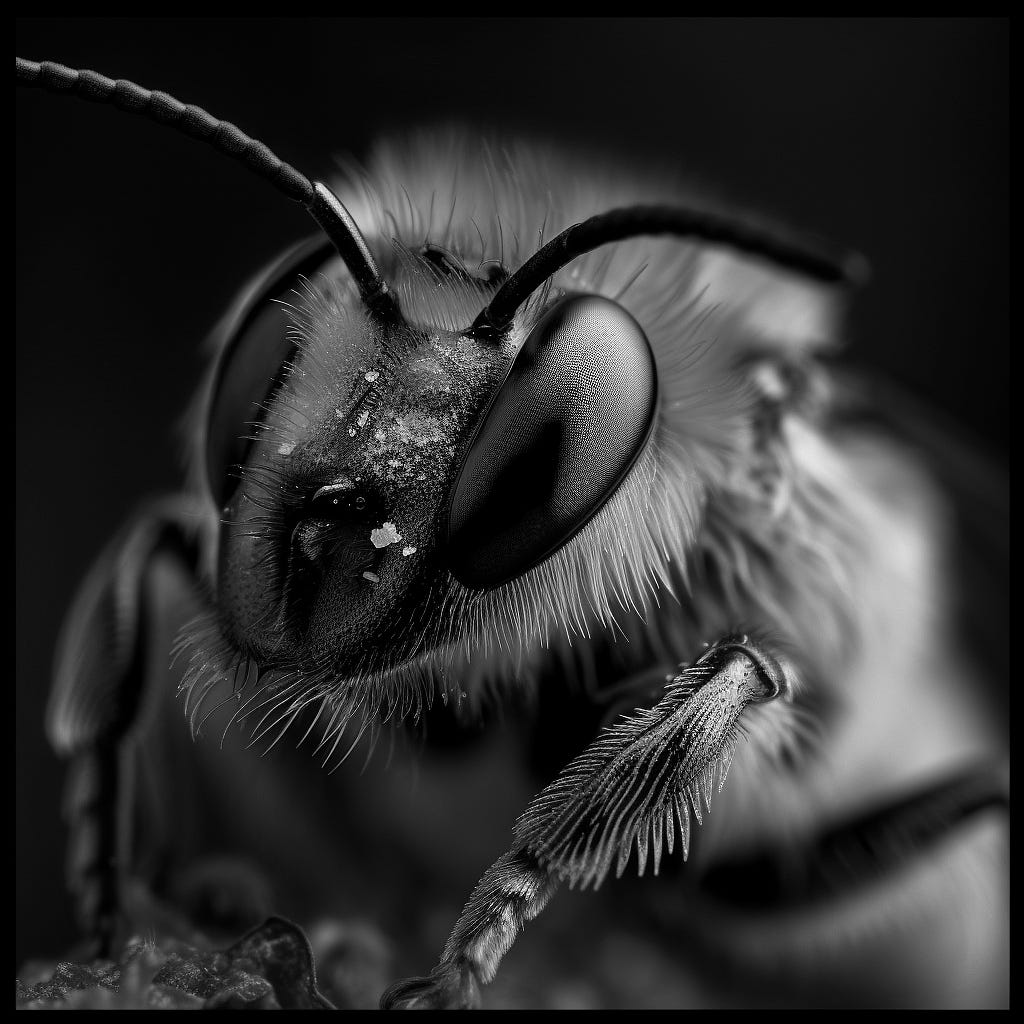 Black and white, sharpened image of a bee