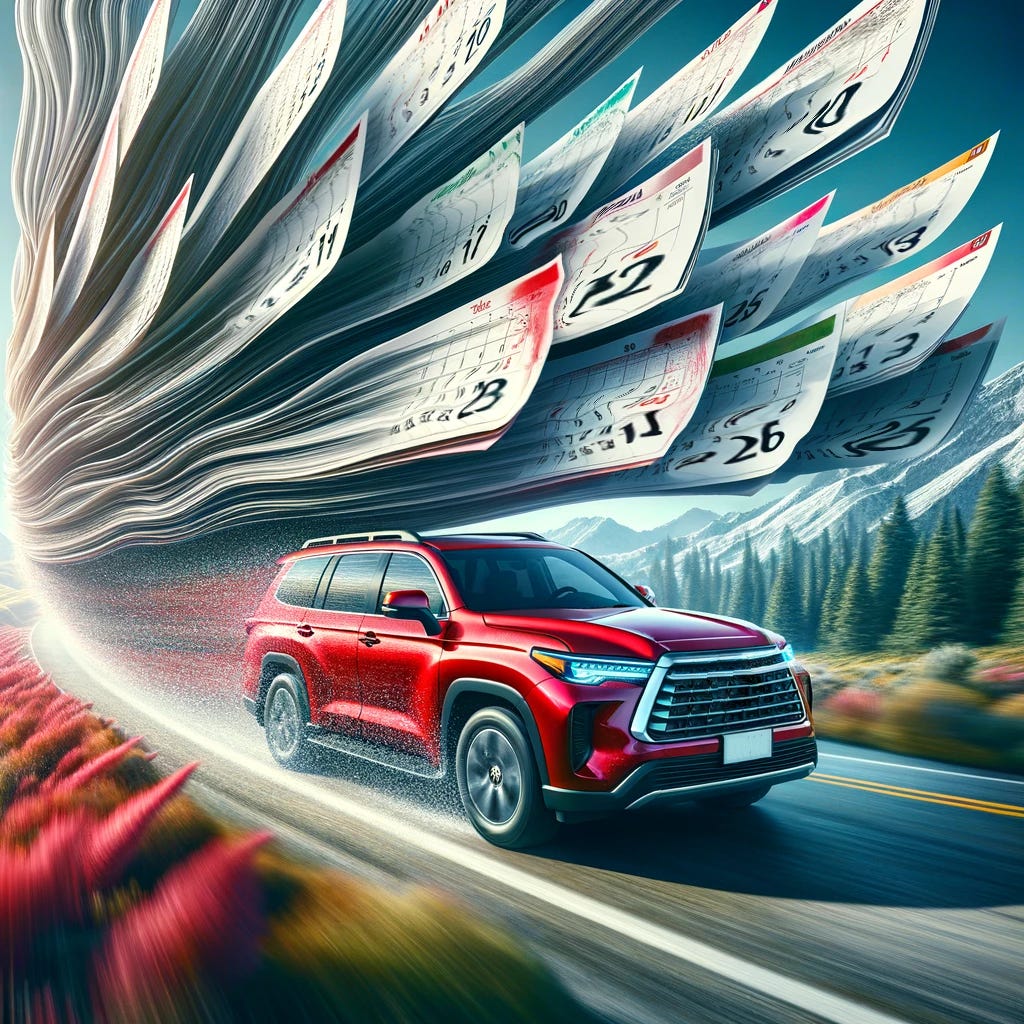 Image of a red, 4-wheel-drive vehicle styled like a 2021 Toyota Sequoia driving on a road with a vibrant landscape that transitions from a colorful autumn forest in the foreground to snowy mountains in the distance. Behind the vehicle, a whirlwind of calendar pages creates a dynamic swirl in the air, symbolizing the passage of time. The pages have stylized scribbles that resemble handwriting, but no legible text, and are marked with various red highlights, denoting important dates. The effect is a visual representation of the vehicle moving swiftly through time as the seasons change around it.