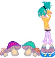 A 1990s-style web doll with green hair, a yellow striped slouchy shirt, pink capris, moon shoes, and mushrooms next to them