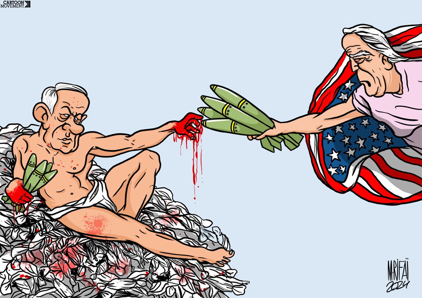 Cartoon showing the famous scene of God giving Adam the spark of life by touching fingertips. In the cartoon, Adam is replaced by Netanyahu, lying on a bed of bloody dove feathers with bloody hands. God is replaced by Biden, giving Netanyahu a handful of rockets instead of the spark of life.