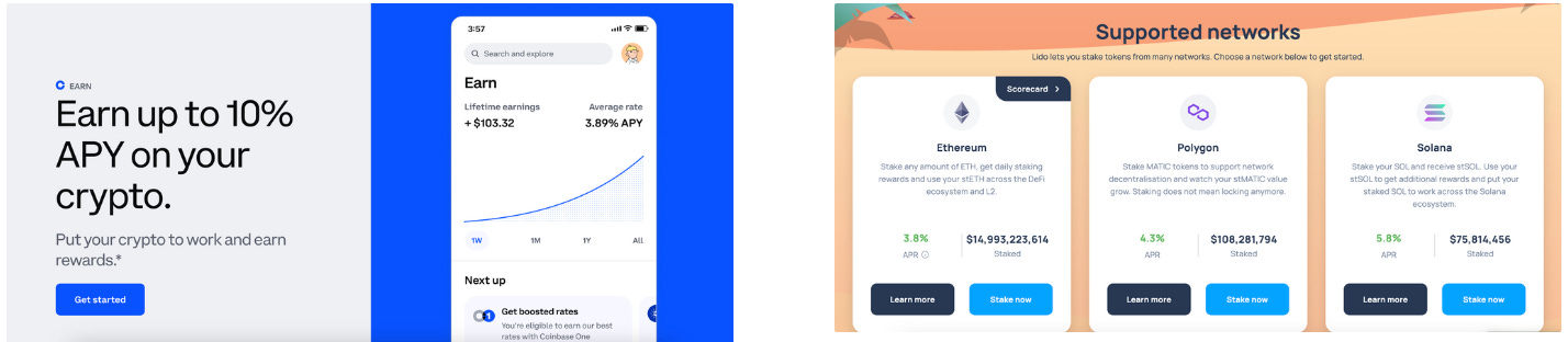 Stake to earn from Coinbase and Lido.fi