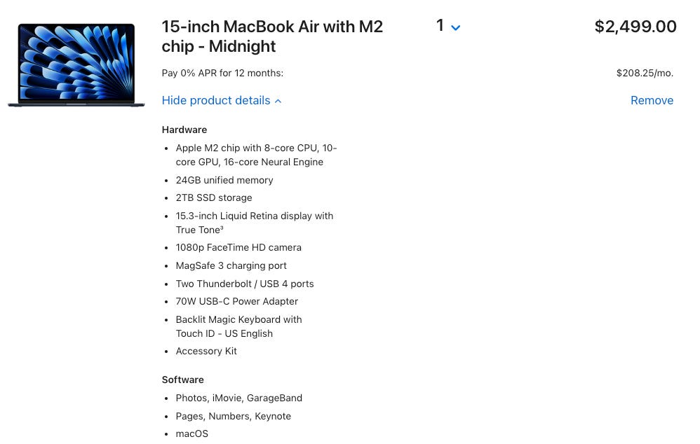 Full configuration of Apple MacBook Air 15" M2