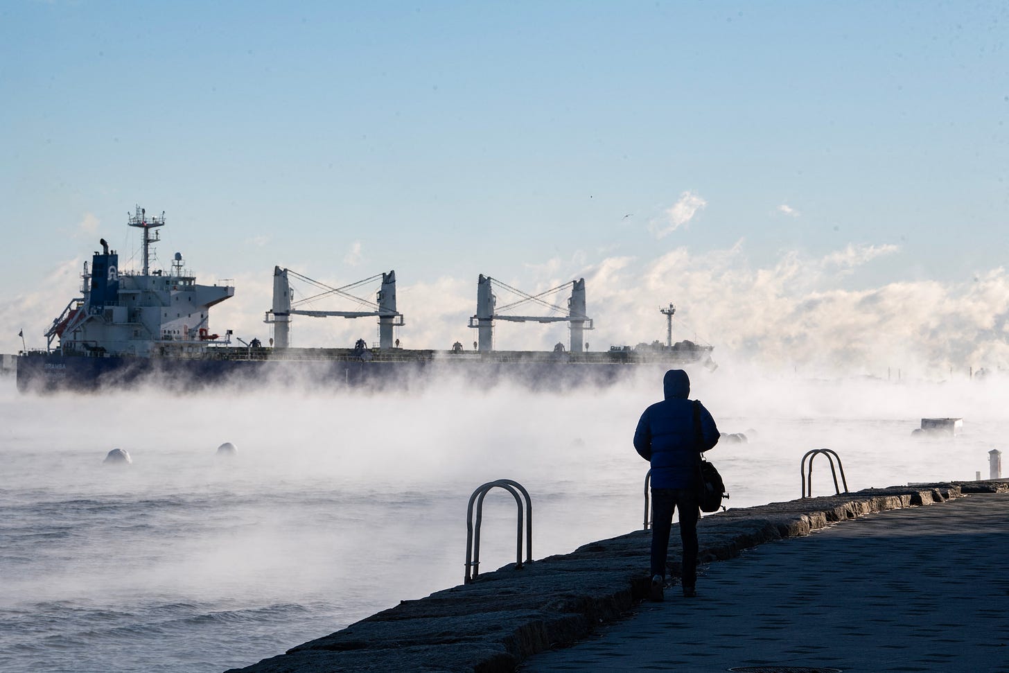 Steam rises from Boston Harbor as temperatures reach -7F (-14C) in Boston, Massachusetts, on February 4, 2023. (Photo by Joseph Prezioso/AFP via Getty Images)