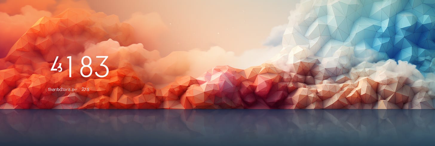 A panoramic graphic blends geometric abstraction with landscape, depicting a progression of polyhedral mountains transitioning from fiery reds and oranges to cool blues, overlaid with large white numerical figures '43 | 83' that suggest data or measurement, set against a reflective water-like surface below and a cloudy sky above.