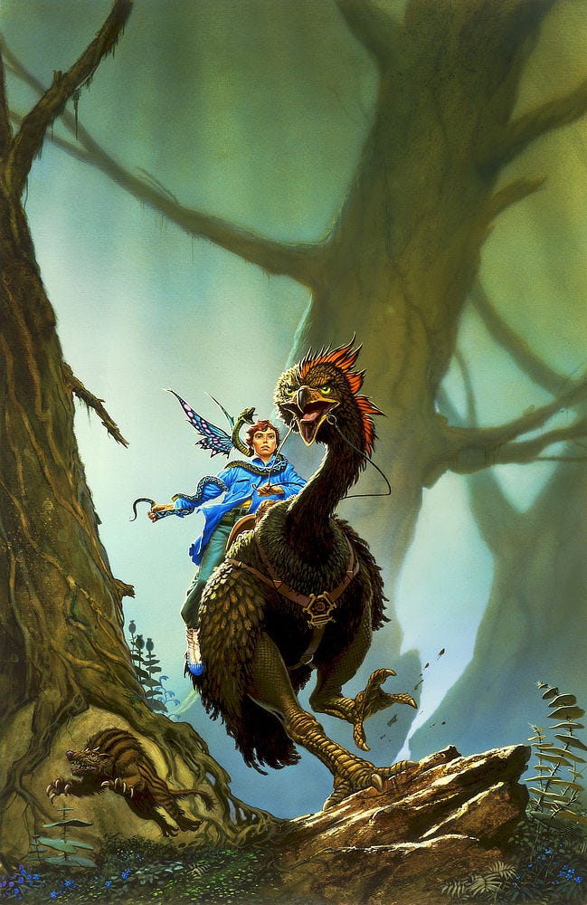 In a frantic flight through the woods, a fierce ostrich-like bird bends its sinuous neck as it corners around a massive tree. With a powerful talon, it grips rock and seeks footing with its other leg raised. Mounted on its back gripping reins is a redheaded man in a vibrant blue coat. A serpent coils around his shoulder and down his extended arm. The serpent spreads kaleidoscopic wings and hisses in displeasure. A badger-like creature springs out of their path.