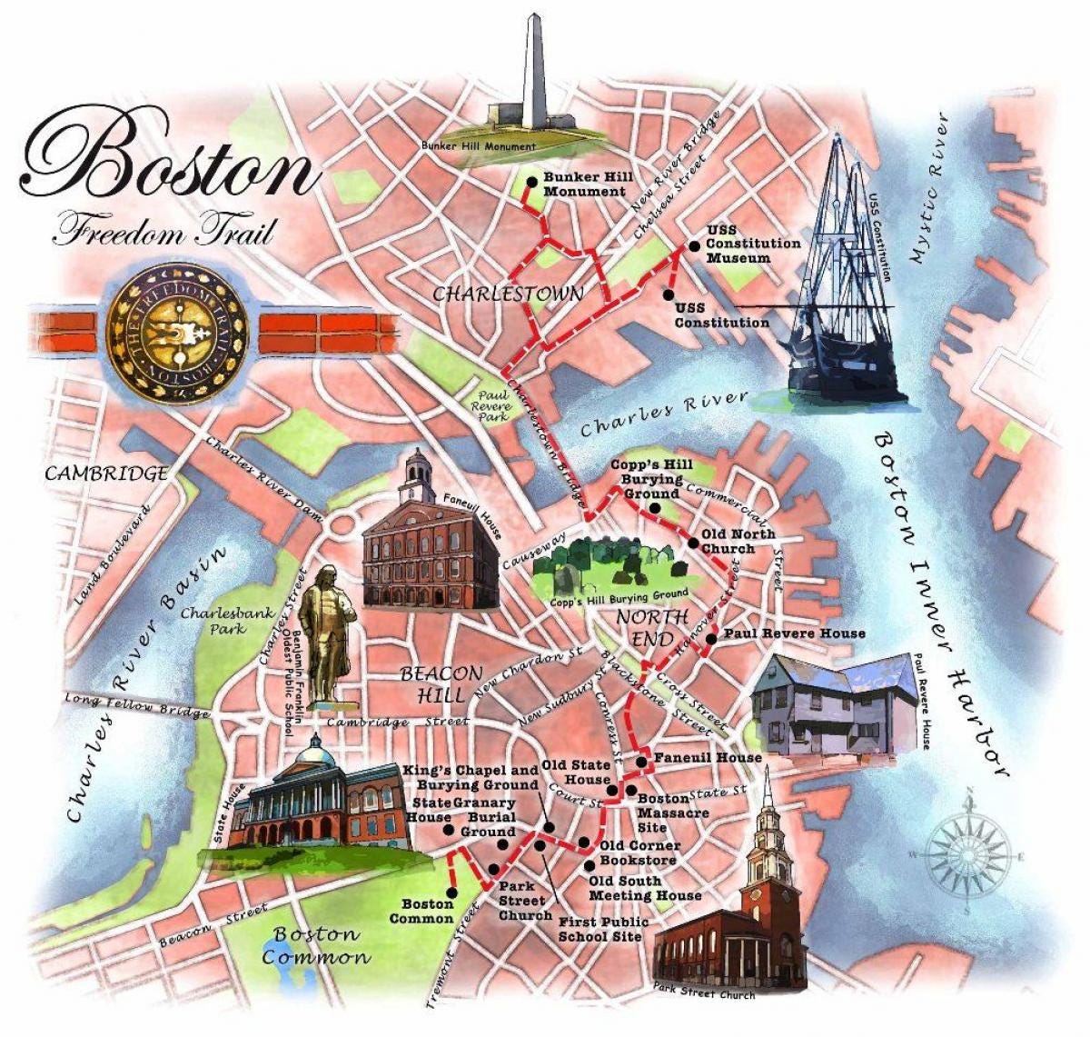 Boston freedom trail Karte - Freedom trail Karte von Boston (Vereinigte ...