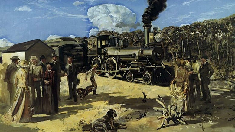 Painting by artist Ken Hughes depicting arrival of first train on April 13, 1896