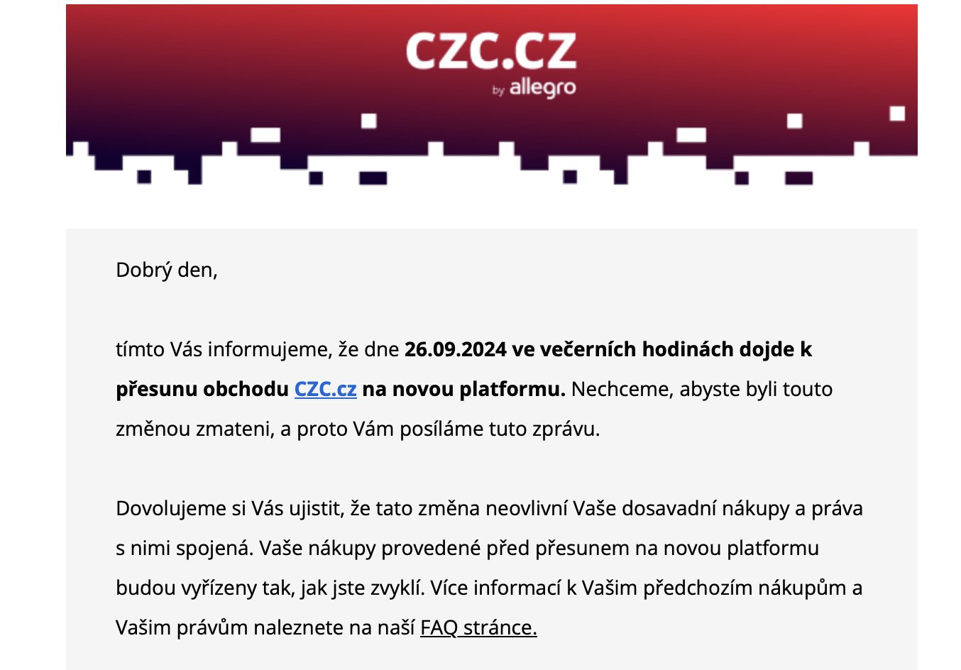 E-mail oznamující, že e-shop CZC.cz bude přesměrovaný na Allegro.