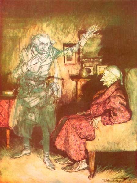 Arthur Rackman, A Christmas Carol, 1915, "How now?" said Scrooge, caustic and cold as ever. "What do you want with me?", Rackham's Christmas Carol Arthur Rackman, A Christmas Carol, 1915, "How now?" said Scrooge, caustic and cold as ever. "What do you want with me?", Rackham's Christmas Carol