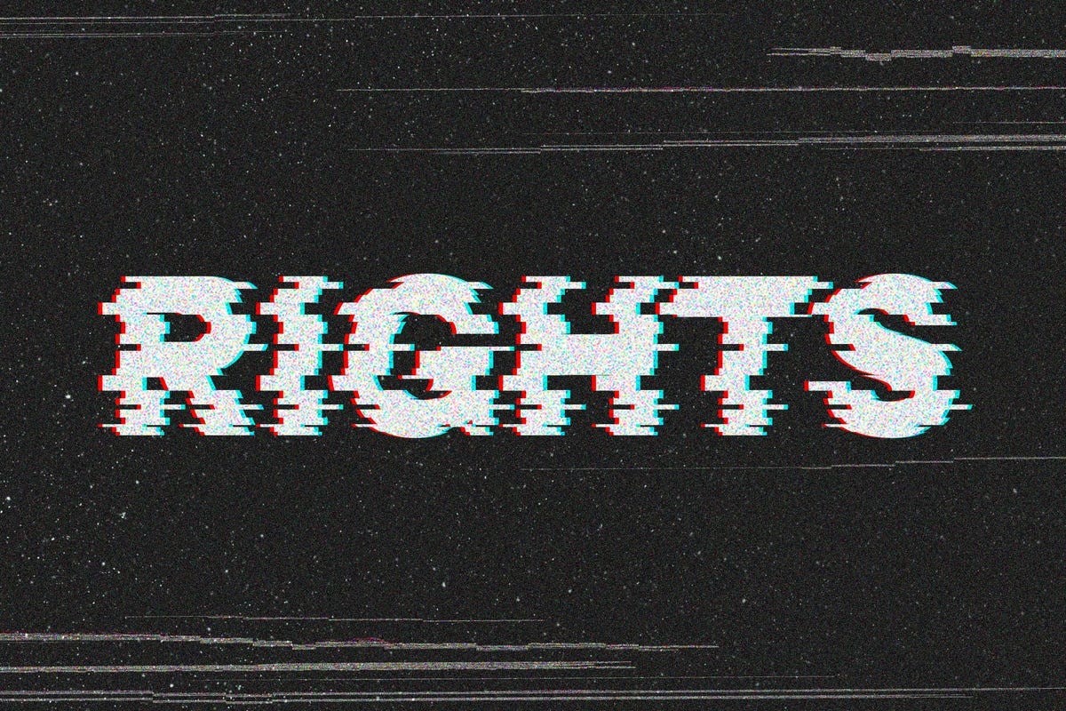 A graphic with a grainy black background and the word "RIGHTS" in white text all caps designed to look like a glitchy video screen