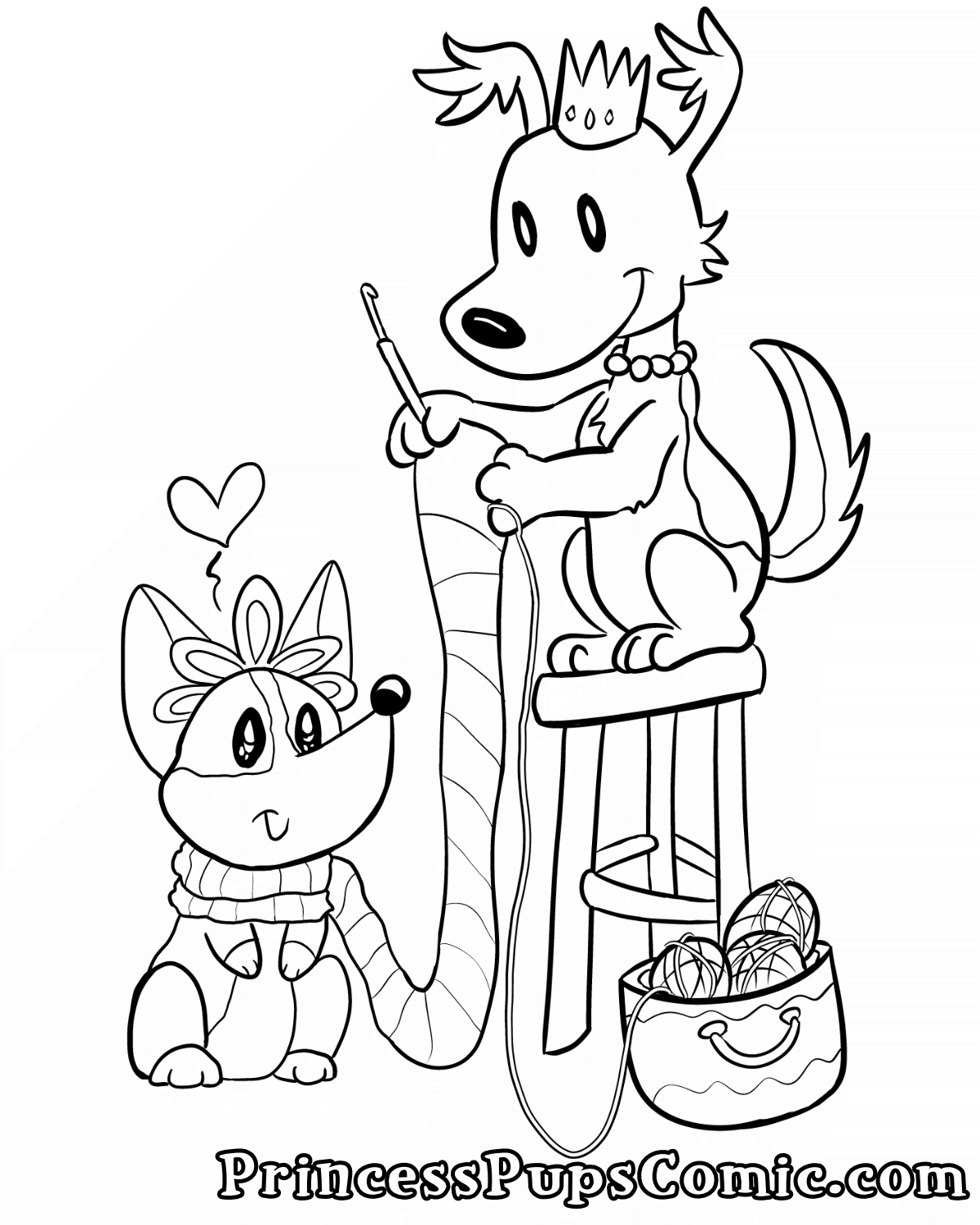 A black and white coloring page with two puppies from the Princess Pups comic. Fluff Pup, a larger pup with a four pointed crown, sits on a stool holding one end of a scarf and a crochet hook. The scarf wraps around Corgi Pup, a corgi puppy with a wide tiara. She looks pleasantly happy and has a small cartoon heart pointing to her. A long thread of yarn comes off the crocheted scarf to a basket of yarn.