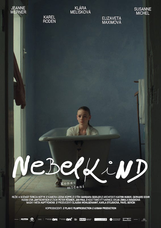 Nebelkind moive poster of a young woman alone in a bathtub fully dressed looking lost.