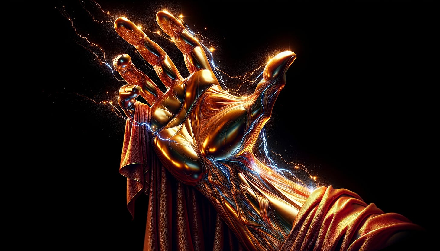 This image depicts a stylized, metallic golden-brass hand reaching outwards, surrounded by dynamic arcs of electricity. The hand appears powerful, with an impression of movement as if it's harnessing or generating the energy around it. The background is dark, contrasting with the bright, glowing lines of electricity and the reflective sheen on the hand and flowing, draped red linen fabric, which suggests a sense of dramatic intensity or supernatural power. It is the extended right hand of Jesus Christ, in his Glorified body. 