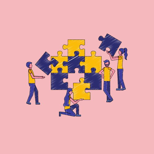 Four people wearing yellow tops and purple trousers, putting together pieces of a puzzle. Graphic from Canva