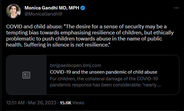 monica gandhi boosting a paper saying public health is child abuse