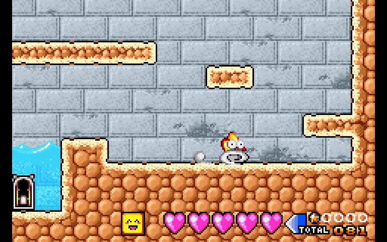 A screenshot of Starfy dashing on land, with his eyes cartoonishly bugging out of his head, and a whirlwind where his legs are to represent how quickly he's moving.