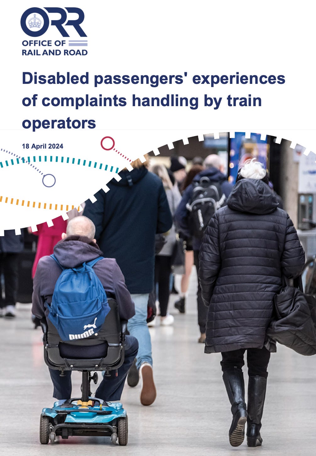 Cover of the report "Disabled passengers' experiences of complaints handling by train operators", a mobility scooter user and a companion