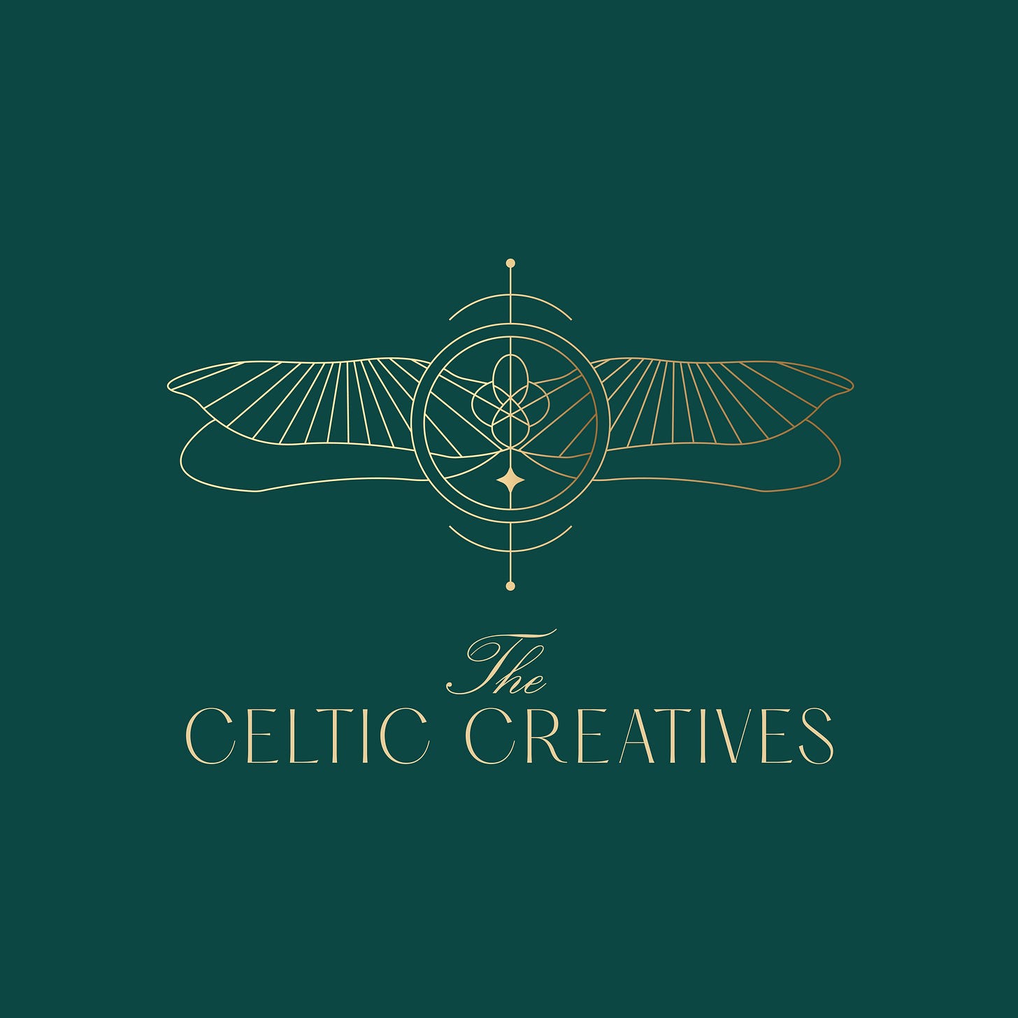 Golden winged emblem symbolising destiny, with Celtic-inspired detailing, above 'The Celtic Creatives' text on emerald green background.