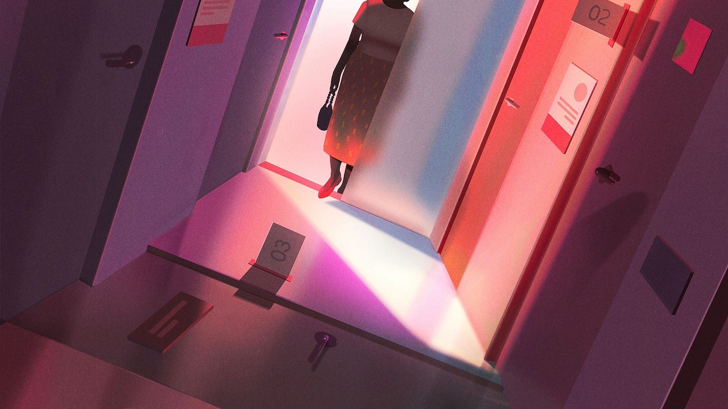 illustration of a woman entering a darkened hospital hallway
