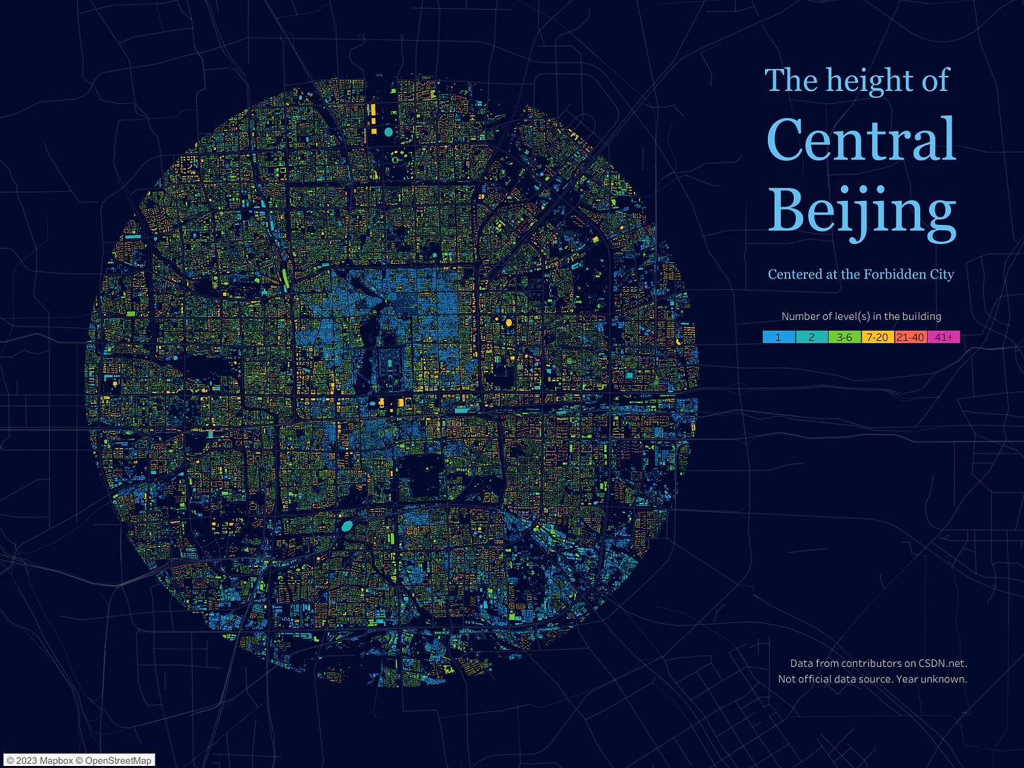 a map showing the various heights of buildings in Beijing. right in the centre there are a lot of smaller buildings - 2 stories or less. Much of the rest is between 7 and 20 stories