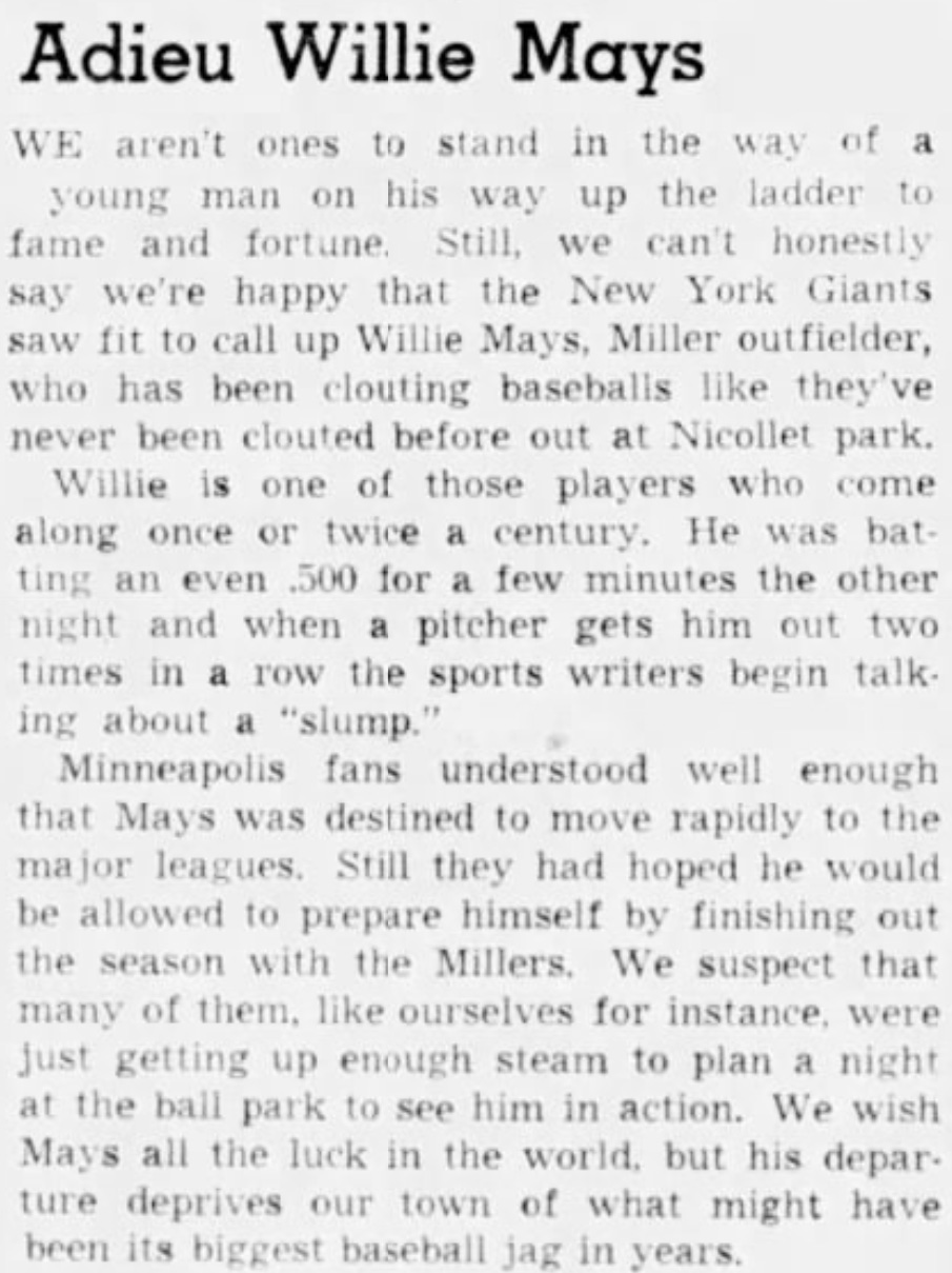 1951 Star Tribune Minneapolis Willie Mays Editorial