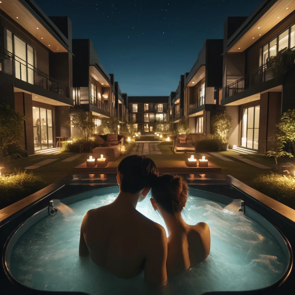 A romantic scene from behind two teenagers in a jacuzzi at night, located in the courtyard of a large apartment complex. The viewpoint is from behind, showing only their backs. The male teenager has dark hair and caramel skin, and the female is Caucasian. The jacuzzi is illuminated by ambient lights from the surrounding apartments and landscape lighting. The setting includes potted plants and small trees around them, under a starlit sky, creating a serene and intimate atmosphere.