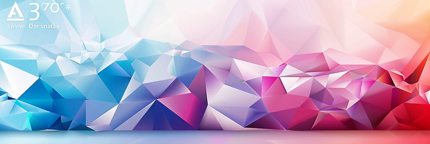 A wide, panoramic graphic depicting a polyhedral landscape that transitions from cool blue to warm pink hues, symbolizing a gradient from water to land or from cold to warm temperatures. Prominent in the foreground is the alphanumeric combination 'A 370°' with additional cryptic text, suggesting a data overlay or abstract information visualization.