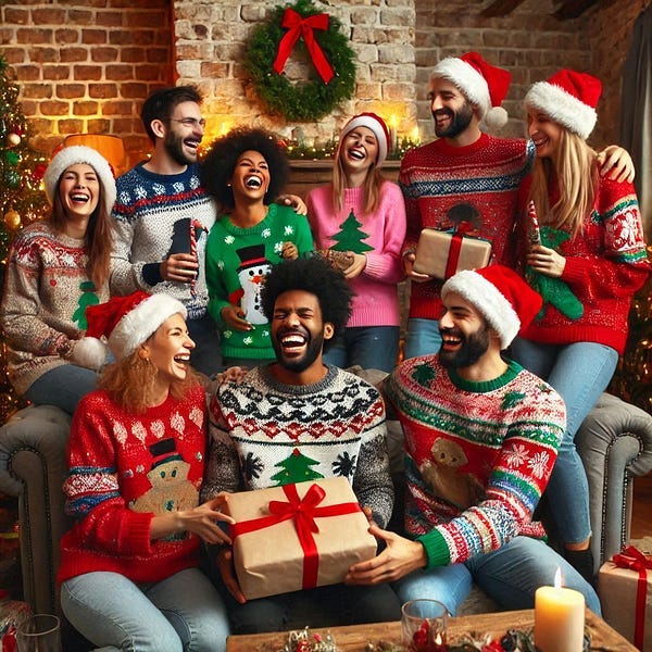 Family and friends posing with their Christmas sweaters.