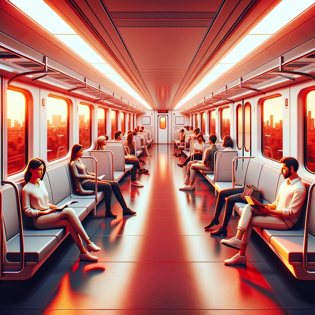The inside of a nice, modern train car, filled with a variety of people seated comfortably. The interior is sleek and contemporary, featuring clean lines and a minimalist design. Passengers are depicted in a relaxed and casual manner, some reading, others chatting or looking out the windows. The windows are bathed in a warm, red light, giving the impression of a vivid sunset outside. This light casts gentle, reddish hues throughout the train car, creating a serene and beautiful atmosphere.
