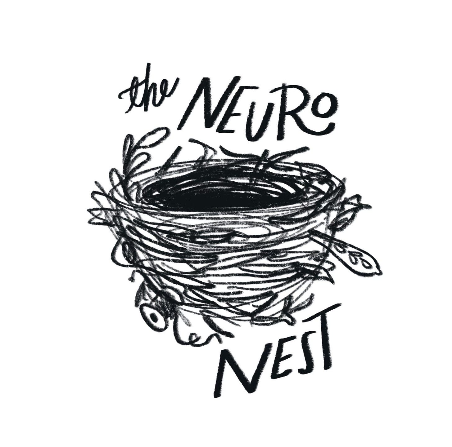 The Neuro Nest words around an illustrated pencil style bird's nest. A spoon handle and spool of thread are poking out evoking a magpie essence.