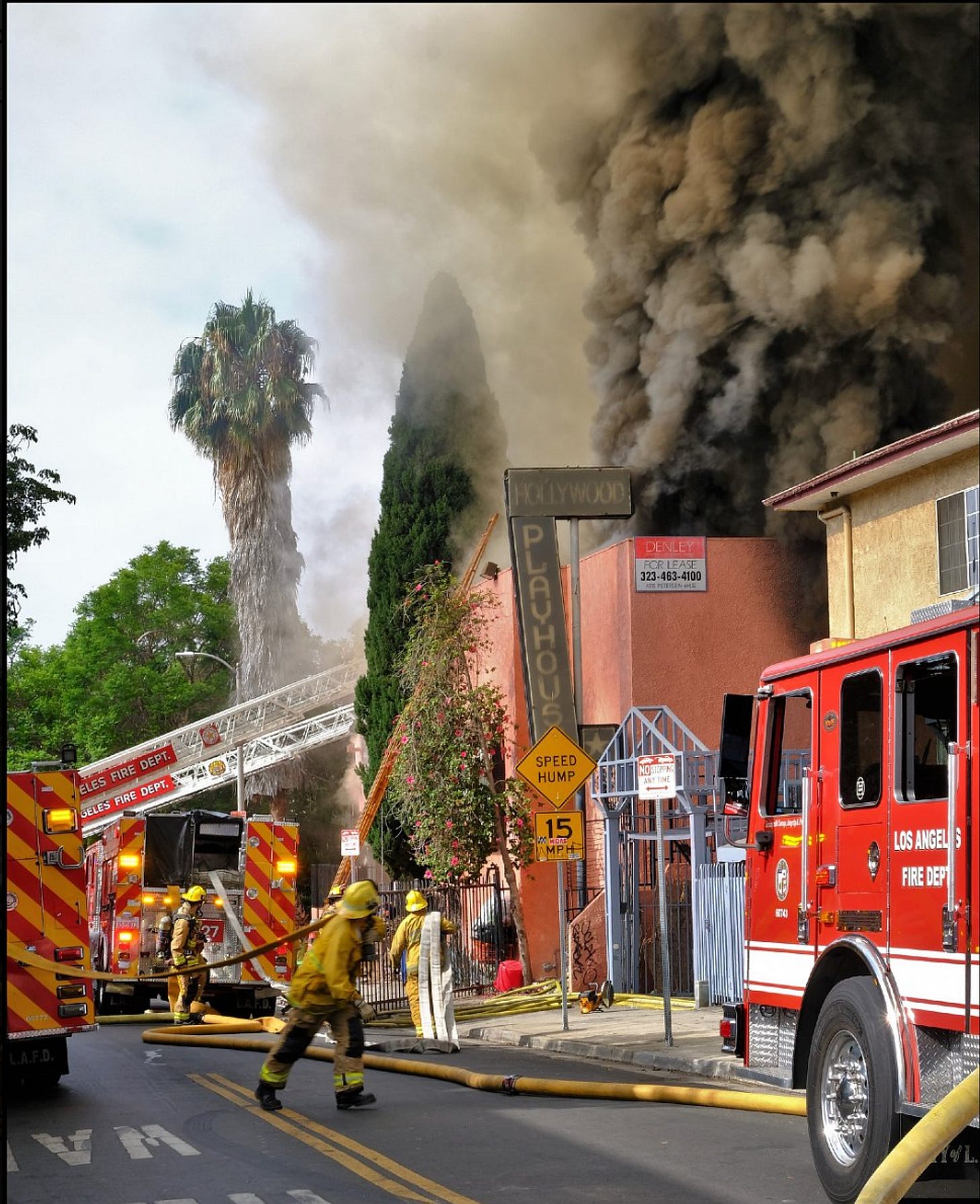 LAFD fighting a fire at the Hollywood Playhouse in 2022.