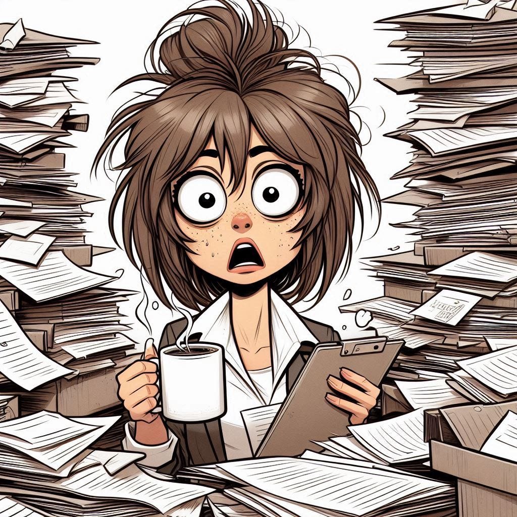 A stressed looking woman, hair in a messy bun, sitting in amongst piles of papers, holding a clipboard in one hand and a cup of coffee in the other