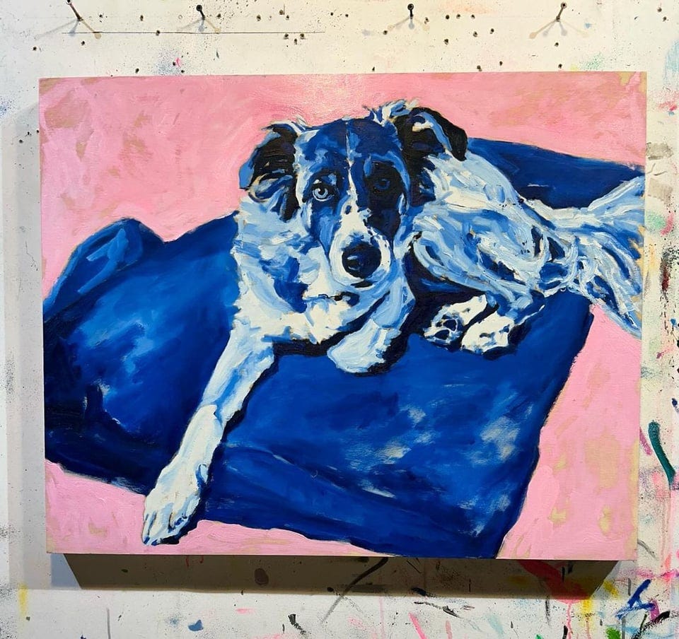 Painting of a blue dog by Andrew Scott