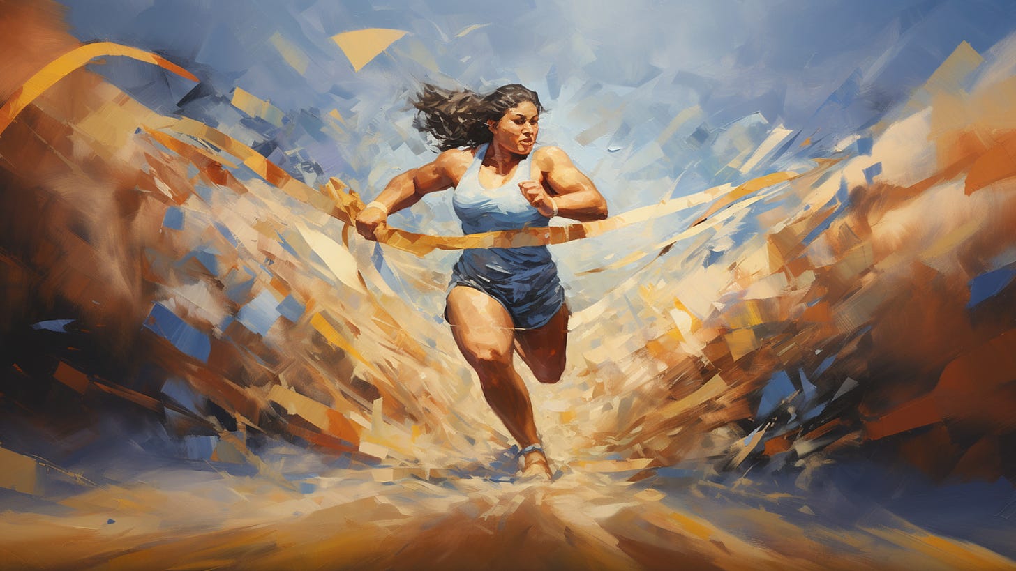 a painting of a young Latina woman crossing the finishing line in a foot race